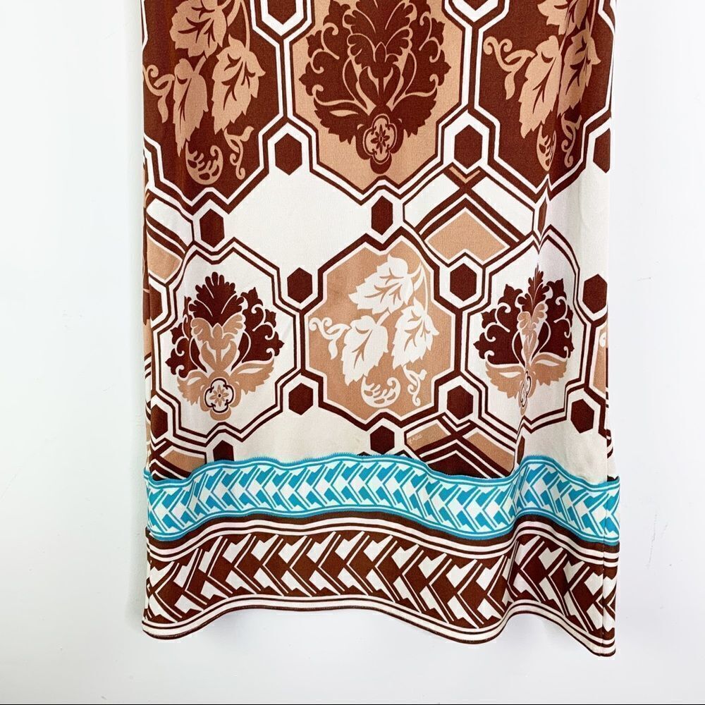 Hale Bob Multicolor Brown/White/Turquoise Geo Print Sleeveless Silk Dress Boho - Picture 5 of 12